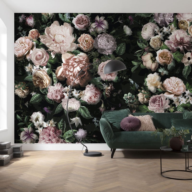 Fototapeta kwiaty multikolor na czarnym tle - 800 x 250 cm - SANDERS & SANDERS