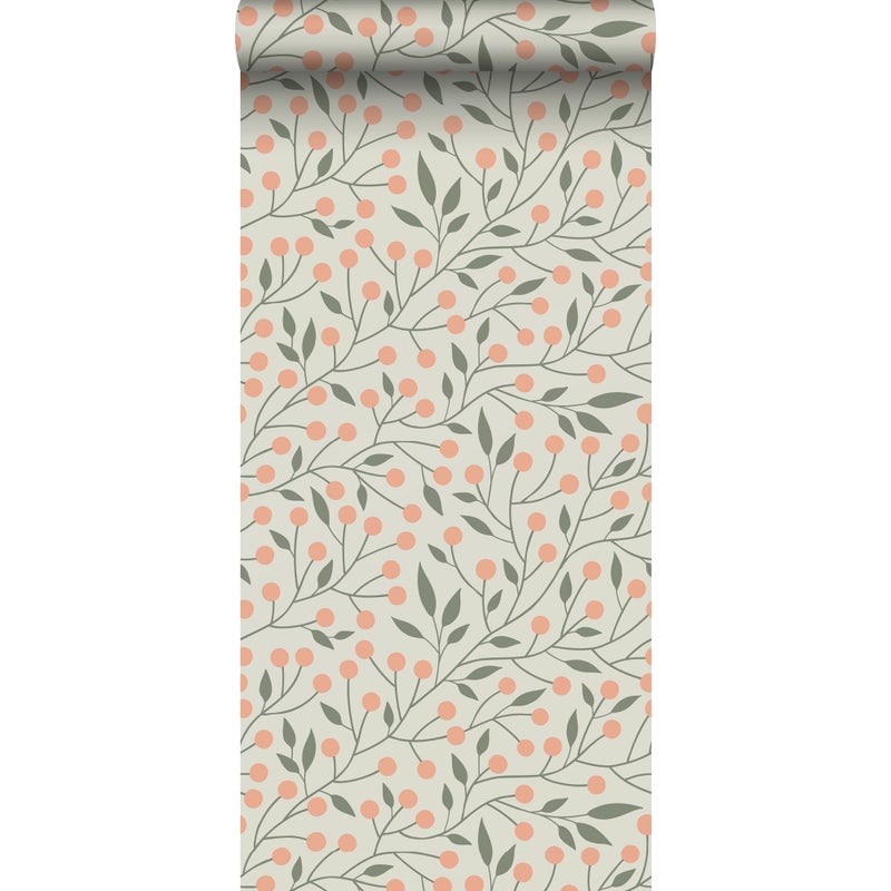 Tapeta kwiatowy wzór szaro zielonymIbrzoskwiniowego różu - 53 cm x 10.05 m - ESTAHOME