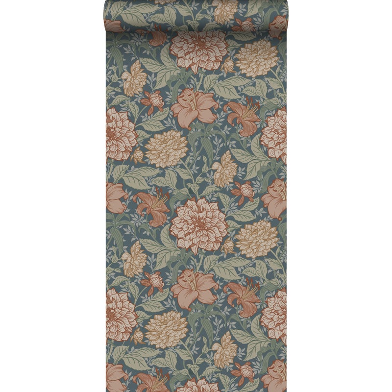Tapeta zabytkowe kwiaty szaro-niebieskim - 53 cm x 10.05 m - ESTAHOME