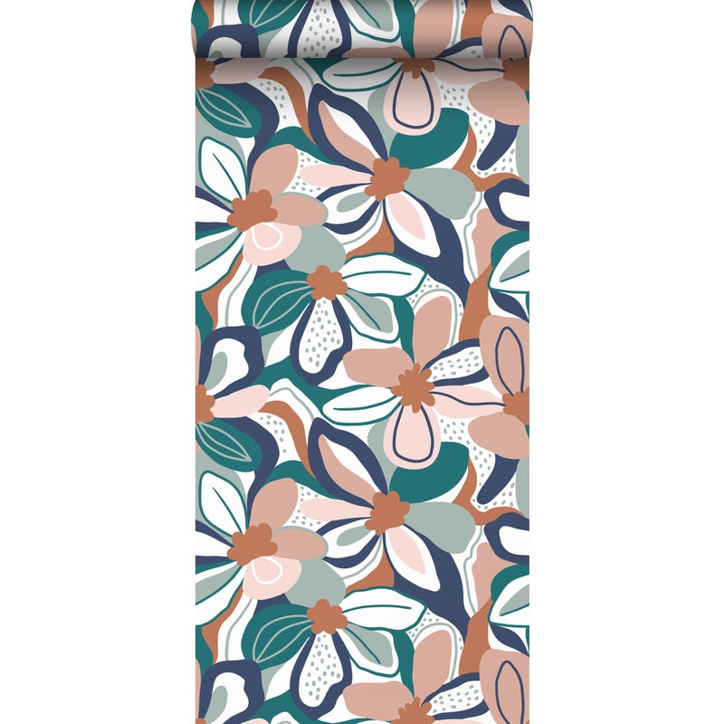 Tapeta kwiatowy wzór delikatnego różu,terakotaIniebieskim - 50 x 900 cm - ESTAHOME