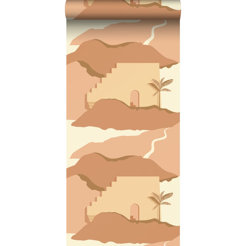 Tapeta Domki śródziemnomorskie beżowymIterakoty różowej - 50 x 900 cm - ESTAHOME