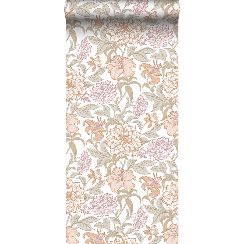 Tapeta zabytkowe kwiaty terakotaIszaro zielonym - 53 cm x 10.05 m - ESTAHOME