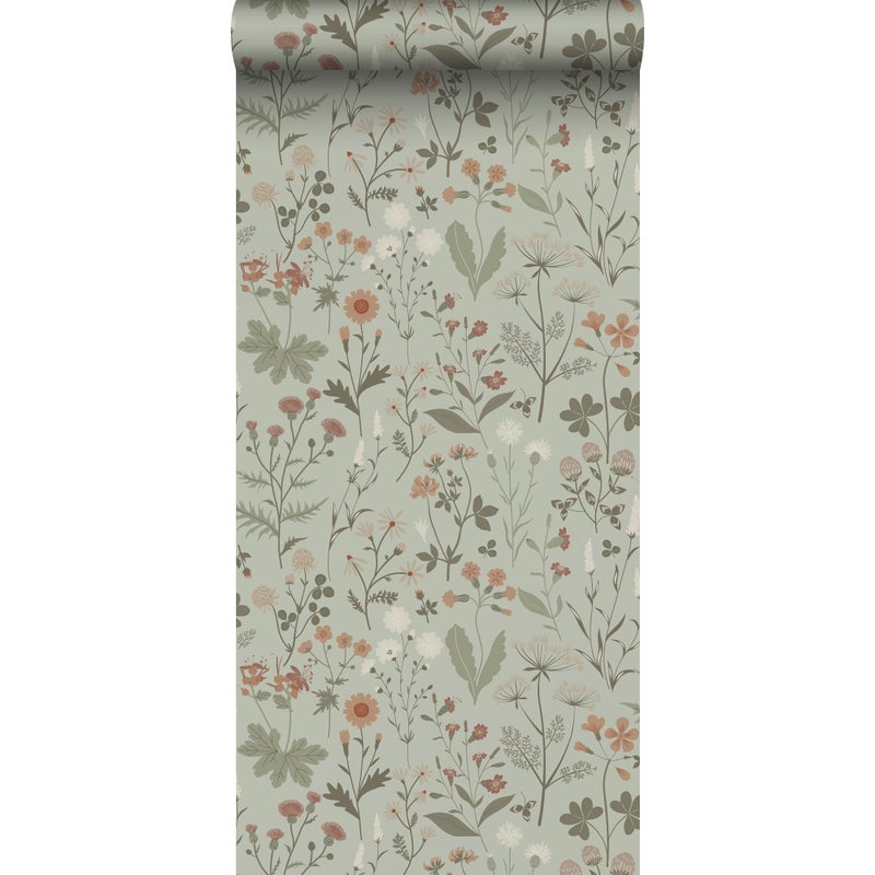 Tapeta kwiaty polne popielatej miętowej zieleni - 53 cm x 10.05 m - ESTAHOME