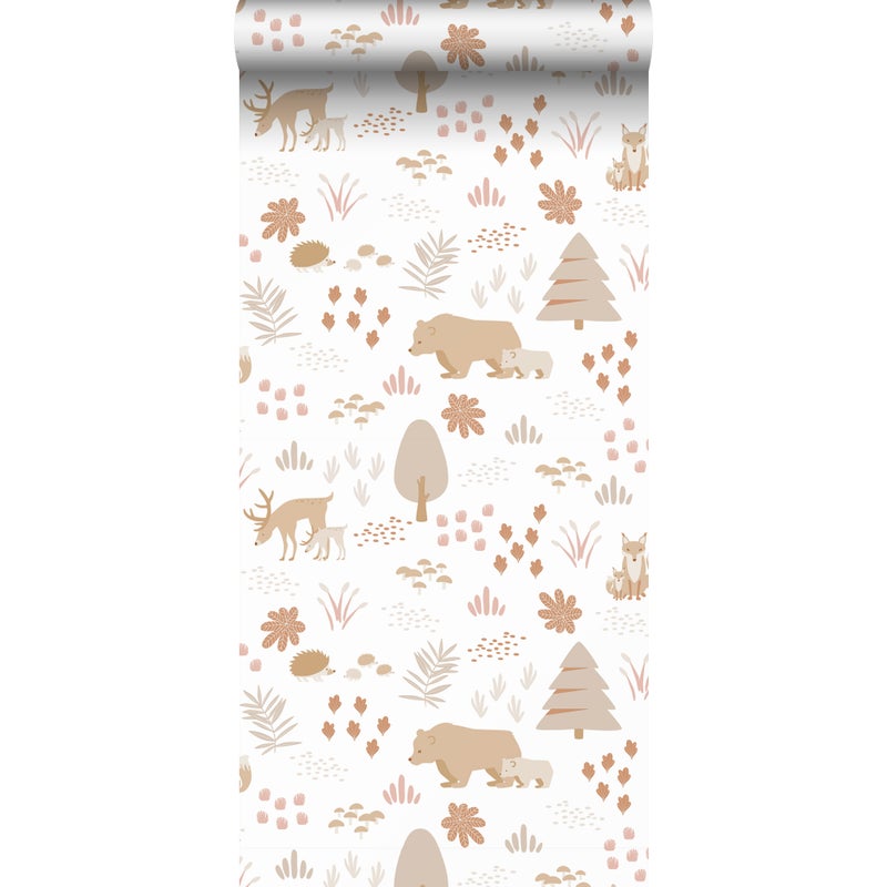 Tapeta las ze zwierzętami leśnymi białymIbeżowym - 53 cm x 10.05 m - ESTAHOME