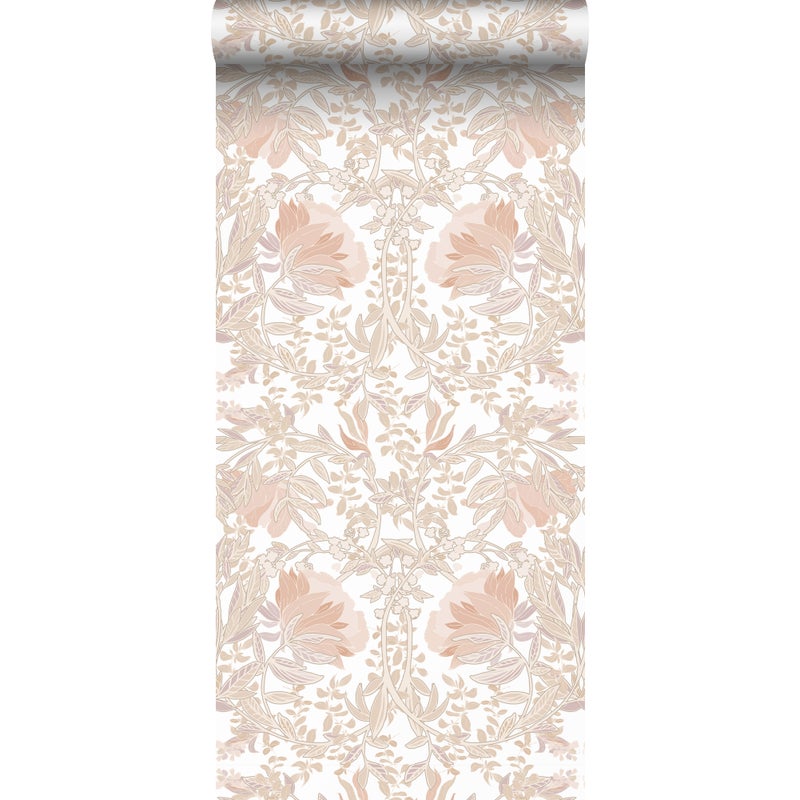 Tapeta vintage kwiaty w stylu secesyjnym piaskowego beżuIjasnej terakoty - 53 cm x 10.05 m - ESTAHOME