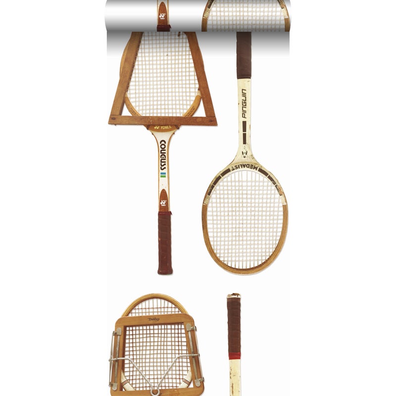 Tapeta XXL zabytkowe rakiety tenisowe białym,brązowymIbeżowym - 50 x 900 cm - ESTAHOME