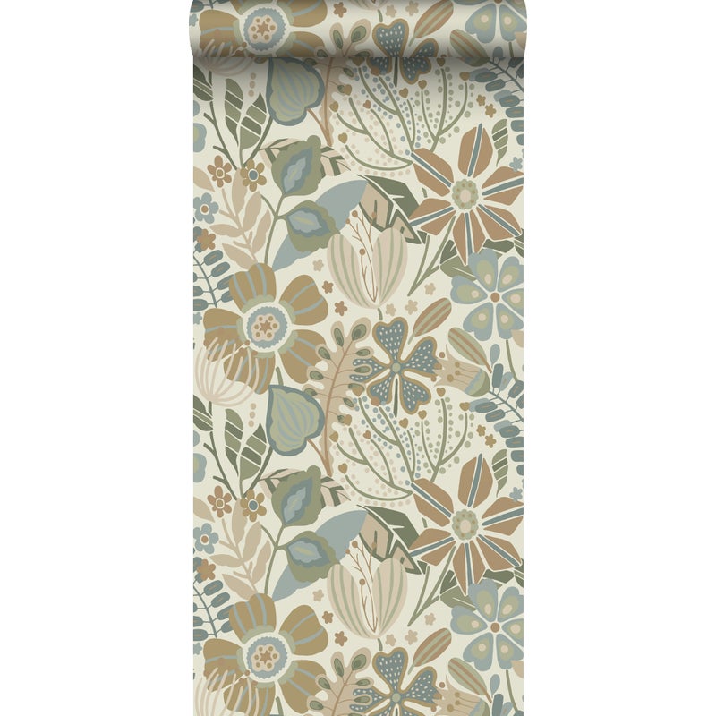 Tapeta kwiatowy wzór beżowym,niebieskimIzielonym - 53 cm x 10.05 m - ESTAHOME
