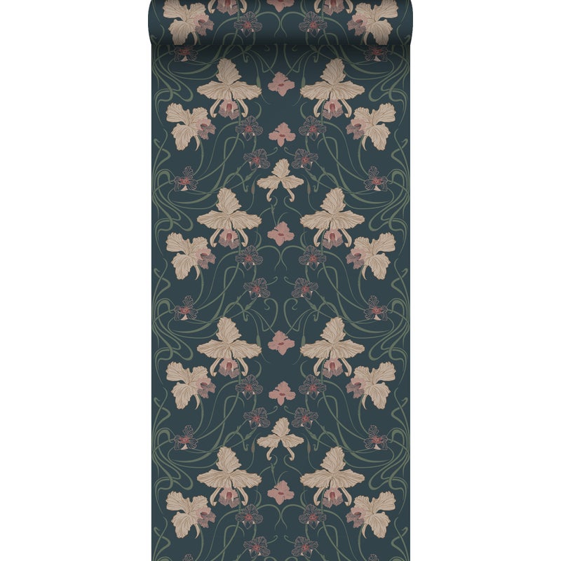 Tapeta vintage kwiaty w stylu secesyjnym ciemnoniebieskim,beżowymIszaro zielonym - 50 x 900 cm - ESTAHOME