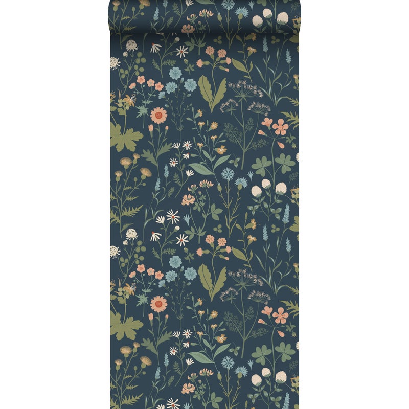 Tapeta kwiaty polne ciemnoniebieskim,zielonymIróżowym - 53 cm x 10.05 m - ESTAHOME
