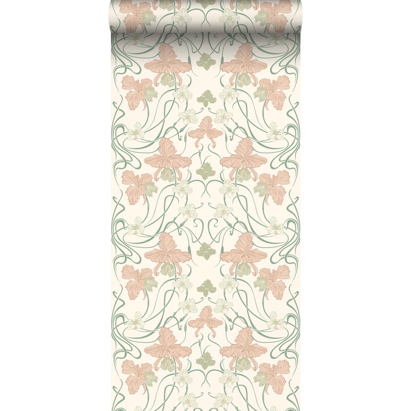 Tapeta vintage kwiaty w stylu secesyjnym kremowo-białym,delikatnego różuIszaro zielonym - 53 cm x 10.05 m - ESTAHOME
