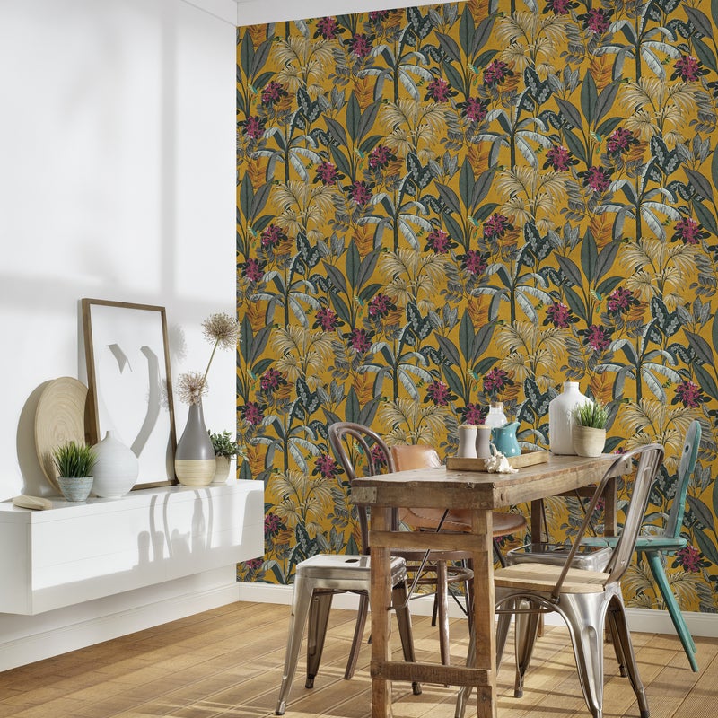 Tapeta zalesiony krajobraz żółtym,szarym,zielonymIróżowym - 53 cm x 10.05 m - LIVINGWALLS