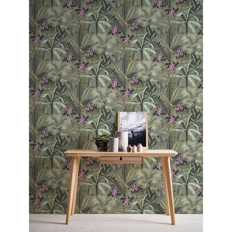 Tapeta zalesiony krajobraz zielonym,różowymIżółtym - 53 cm x 10.05 m - LIVINGWALLS