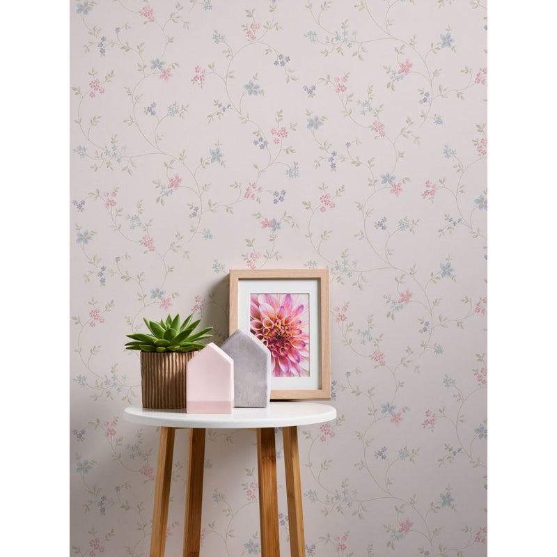 Tapeta kwiatowy wzór beżowym,różowymIniebieskim - 53 cm x 10.05 m - LIVINGWALLS