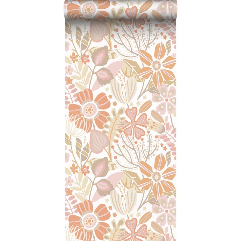 Tapeta kwiatowy wzór liliowym różu,jasnej terakotyIbeżowym - 50 x 900 cm - ESTAHOME