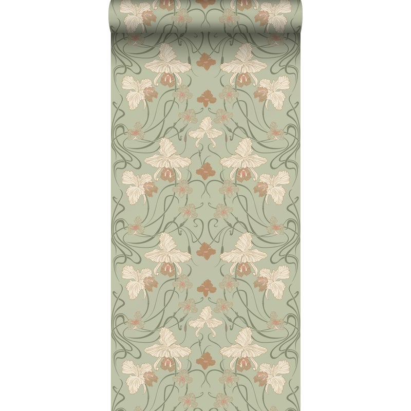 Tapeta vintage kwiaty w stylu secesyjnym szaro zielonymIterakota - 53 cm x 10.05 m - ESTAHOME