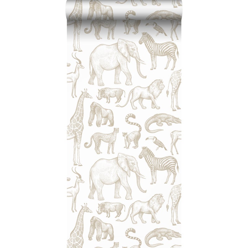 Tapeta zwierzęta dżungli białymIbeżowym - 53 cm x 10.05 m - ESTAHOME
