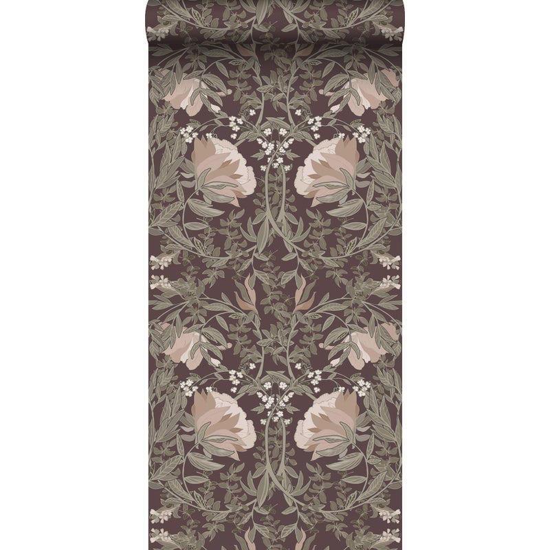 Tapeta vintage kwiaty w stylu secesyjnym bakłażanowym fioletowym - 50 x 900 cm - ESTAHOME