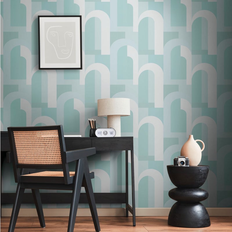Tapeta motyw art déco turkusowymIbiałym - 53 cm x 10.05 m - LIVINGWALLS