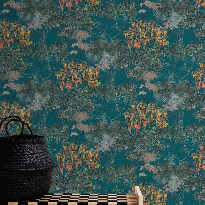 Tapeta kwiatowy wzór petrol blue - 53 cm x 10.05 m - LIVINGWALLS