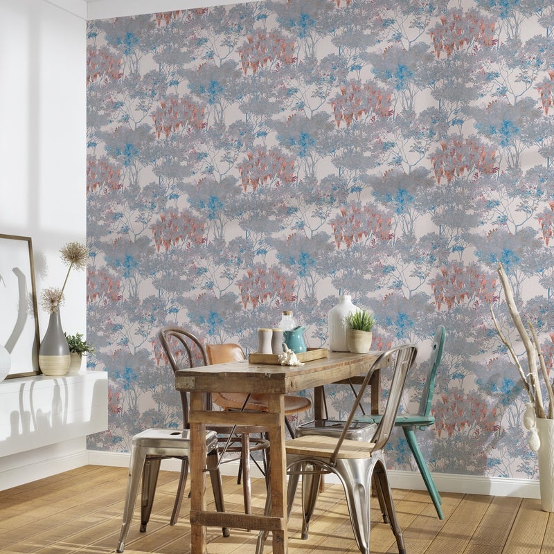 Tapeta kwiatowy wzór w wielu kolorach,białym,szarym,niebieskimIróżowym - 53 cm x 10.05 m - LIVINGWALLS