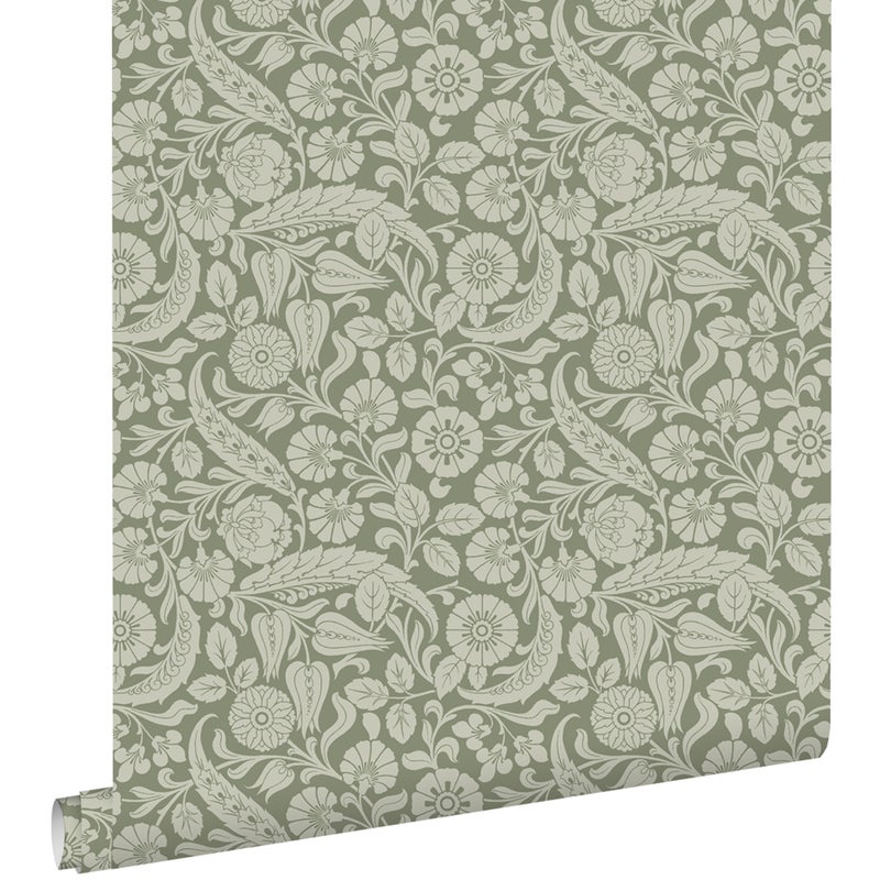 Tapeta kwiatowy wzór oliwkowym - 50 x 900 cm - ESTAHOME