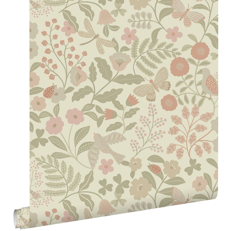 Tapeta kwiaty i ptaki zielonymIróżowym - 53 cm x 10.05 m - ESTAHOME