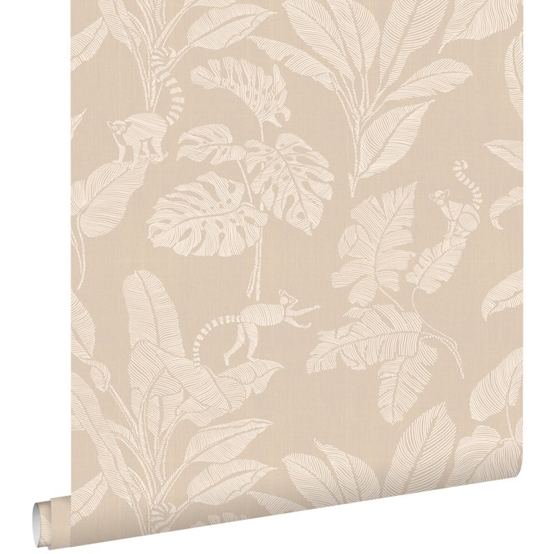 Tapeta małpy i liście dżungli beżowym - 50 x 900 cm - ESTAHOME