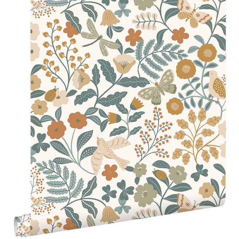 Tapeta kwiaty i ptaki szaro-niebieskim,oliwkowymIochry żółtej - 53 cm x 10.05 m - ESTAHOME