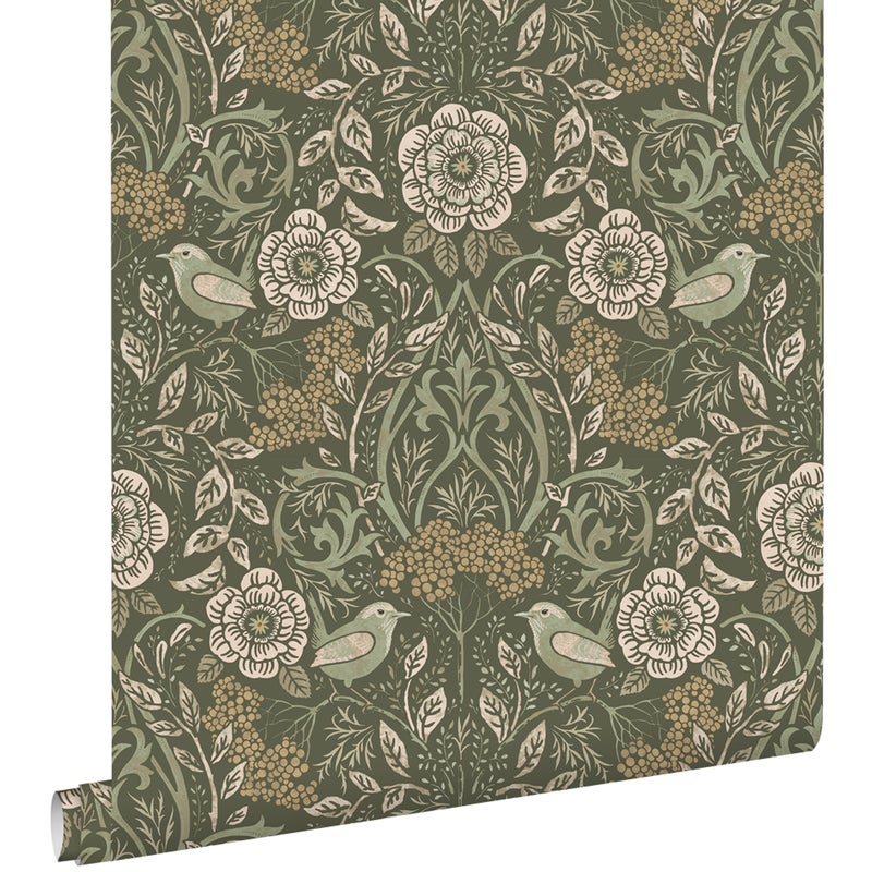 Tapeta kwiaty i ptaki ciemnej zieleni - 53 cm x 10.05 m - ESTAHOME