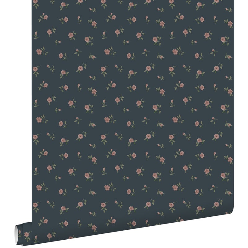 Tapeta zabytkowe kwiaty ciemnoniebieskimIróżowym - 50 x 900 cm - ESTAHOME