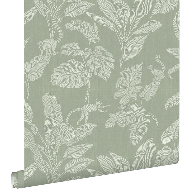 Tapeta małpy i liście dżungli zielonym - 50 x 900 cm - ESTAHOME