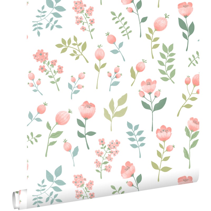 Tapeta kwiaty różowymIszaro zielonym - 50 x 900 cm - ESTAHOME