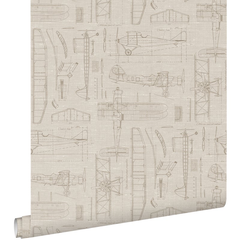 Tapeta rysunki konstrukcyjne samolotów beżowymIpiaskowym - 50 x 900 cm - ESTAHOME