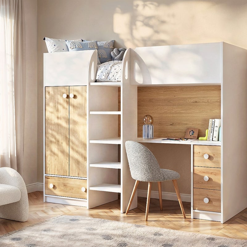 Łóżko antresola 90 x 190 cm z szafą i biurkiem - Biały i naturalny + Materac - CINAMO