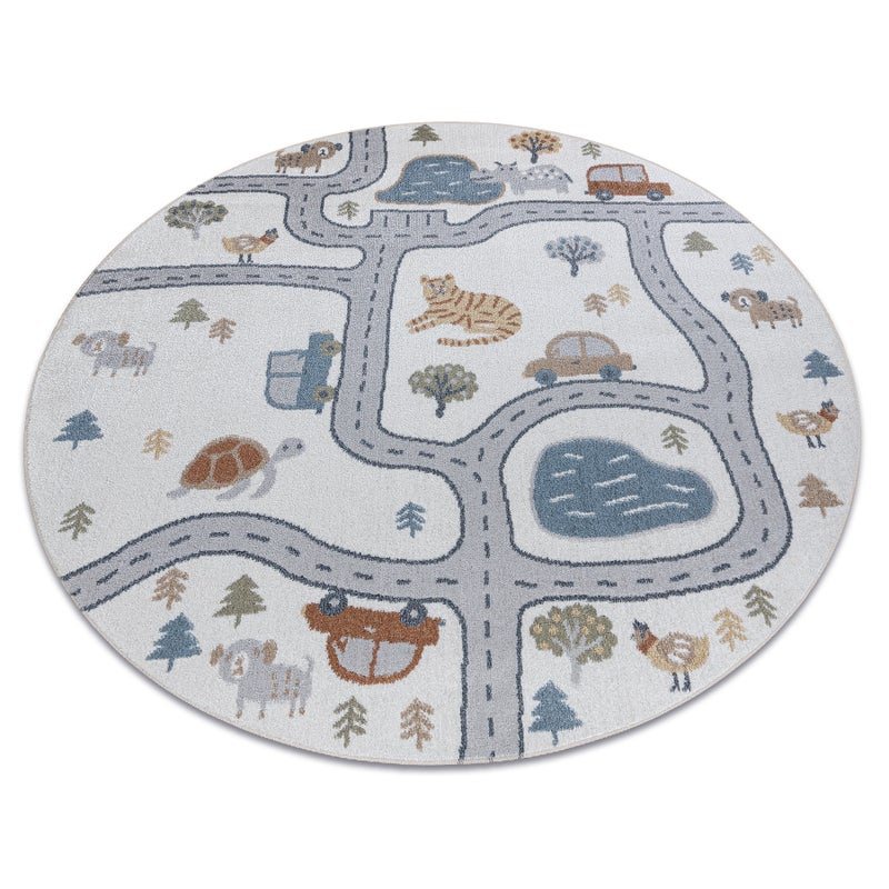 Dywan BONO 8283 koło Ulica, zwierzęta kremowy / jasny szary koło 160 cm