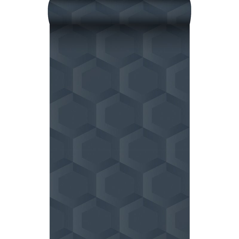 Tapeta flizelinowa z ekoteksturą Motyw sześciokąta 3D ciemnoniebieskim - 53 cm x 10.05 m - ORIGIN