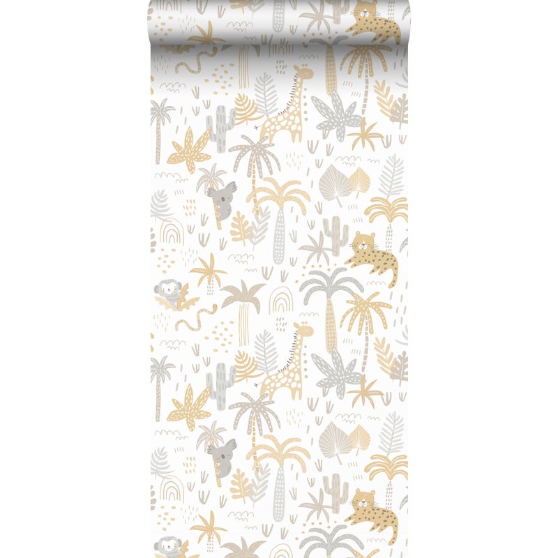 Tapeta zwierzęta dżungli ochry żółtej,szarymIbeżowym - 53 cm x 10 m - SANDERS & SANDERS