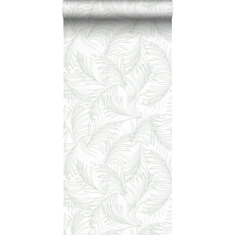 Tapeta pióra szaro zielonymIbiałym - 53 cm x 10 m - SANDERS & SANDERS
