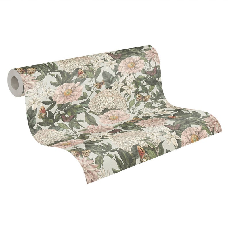 Tapeta kwiaty jasnoszarym,białym,ciemnej zieleniIbordowo-czerwonym - 53 cm x 10.05 m - LIVINGWALLS