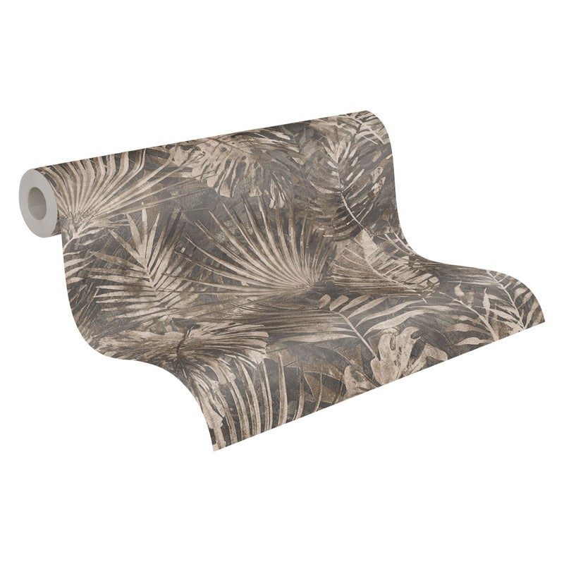 Tapeta tropikalne liście brązowym,beżowymIantracytowym - 53 cm x 10.05 m - A.S. CRÉATION