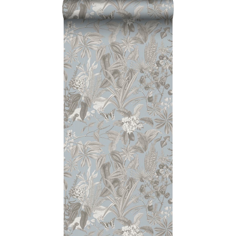 Tapeta tropikalne liście i kwiaty szaro-niebieskim - 53 cm x 10 m - SANDERS & SANDERS