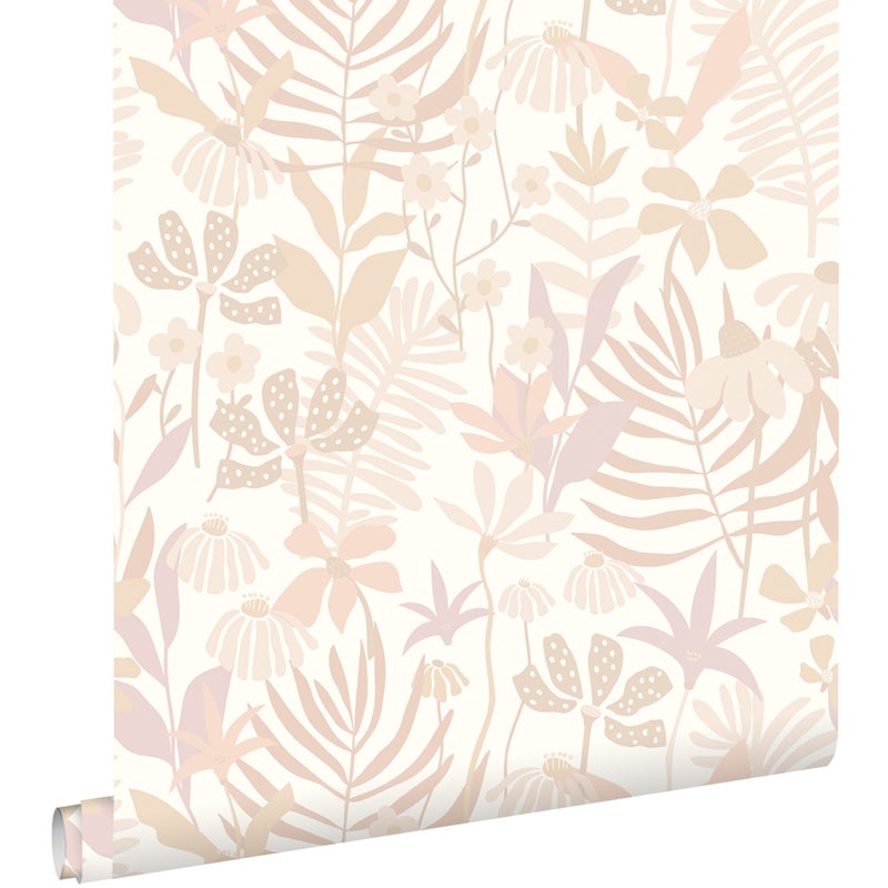 Tapeta tropikalne liście i kwiaty beżowym - 50 x 900 cm - ESTAHOME