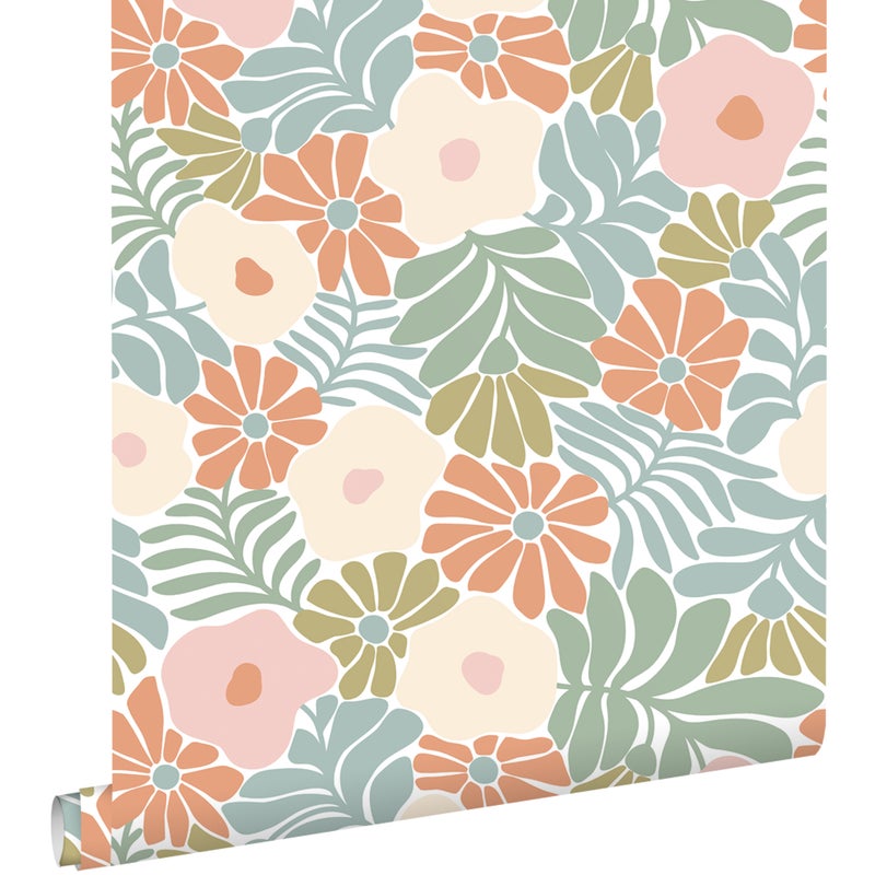 Tapeta kwiaty w stylu Matissa turkusowym,pomarańczowym,oliwkowymIbeżowym - 50 x 900 cm - ESTAHOME