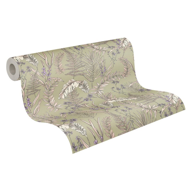 Tapeta tropikalne liście szarym,kremowym,liliowo fioletowymIciemnego fioletu - 53 cm x 10.05 m - LIVINGWALLS