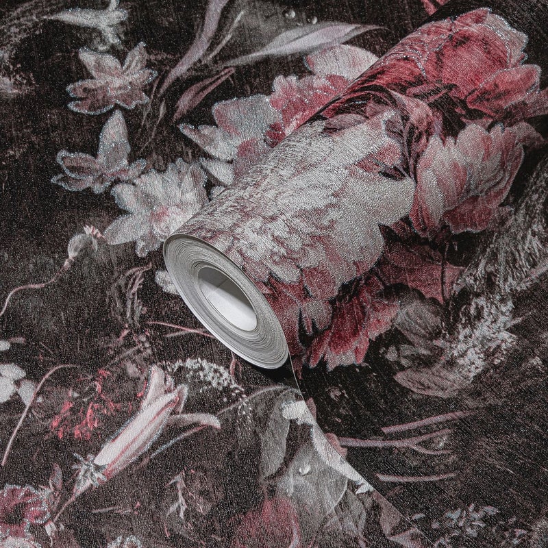 Tapeta kwiaty czarnym,czerwonym,różowym,białymIsrebrnym - 53 cm x 10.05 m - A.S. CRÉATION