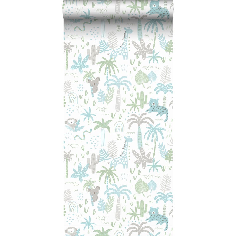 Tapeta zwierzęta dżungli zielonym,niebieskimIszarym - 53 cm x 10 m - SANDERS & SANDERS