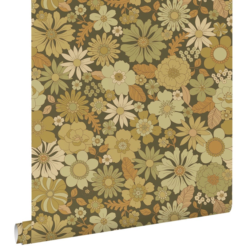 Tapeta retro kwiaty oliwkowym - 50 x 900 cm - ESTAHOME
