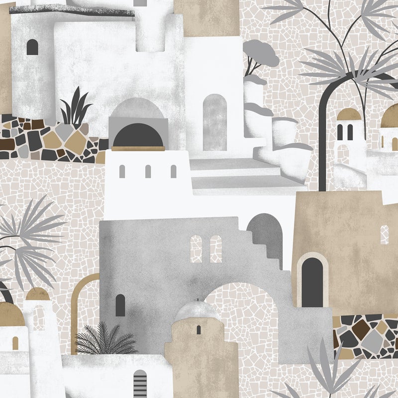 Tapeta Domki śródziemnomorskie ciemny beż,szarymIbiałym - 53 cm x 10 m - SANDERS & SANDERS