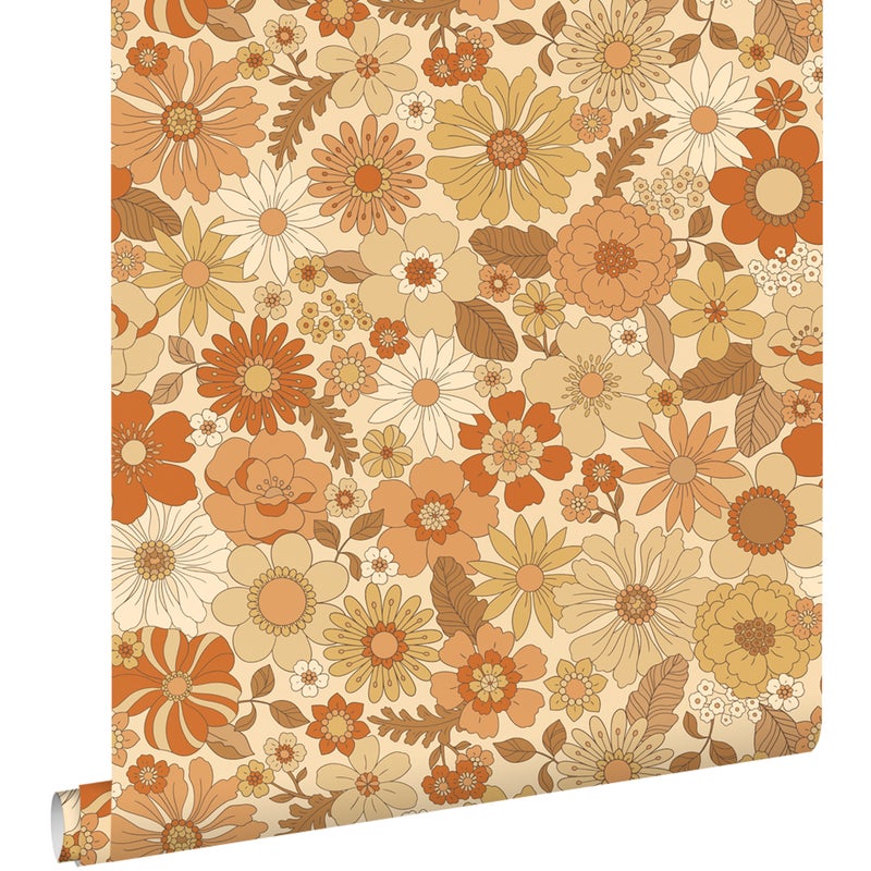 Tapeta retro kwiaty pomarańczowym - 53 cm x 10.05 m - ESTAHOME