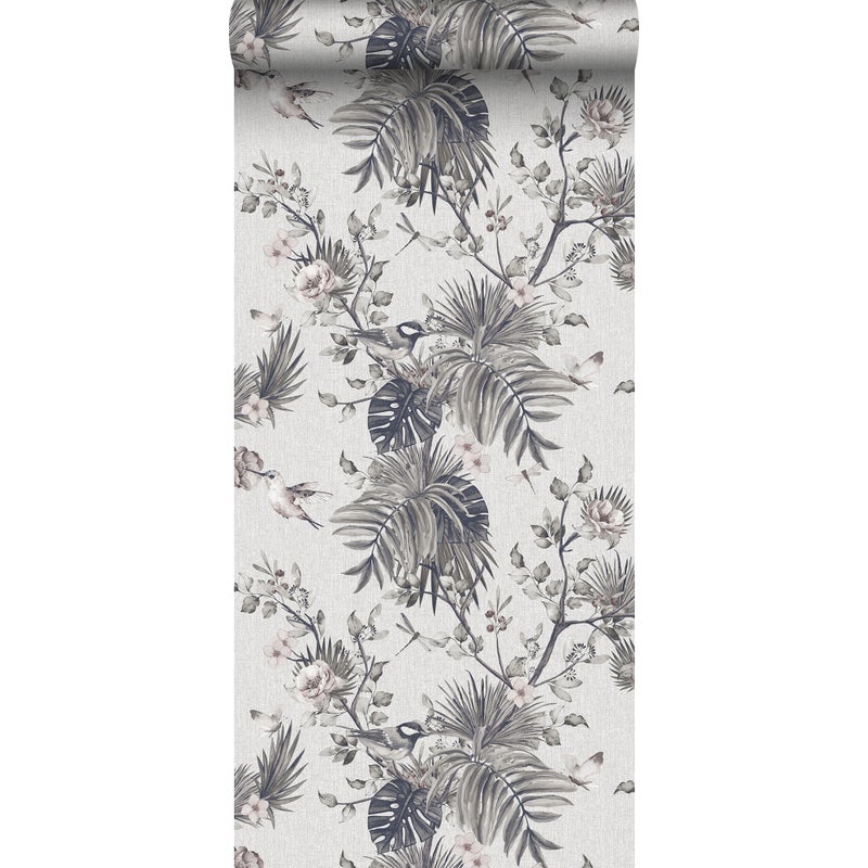 Tapeta tropikalne liście dżungli i rajskie ptaki szarym - 53 cm x 10 m - SANDERS & SANDERS